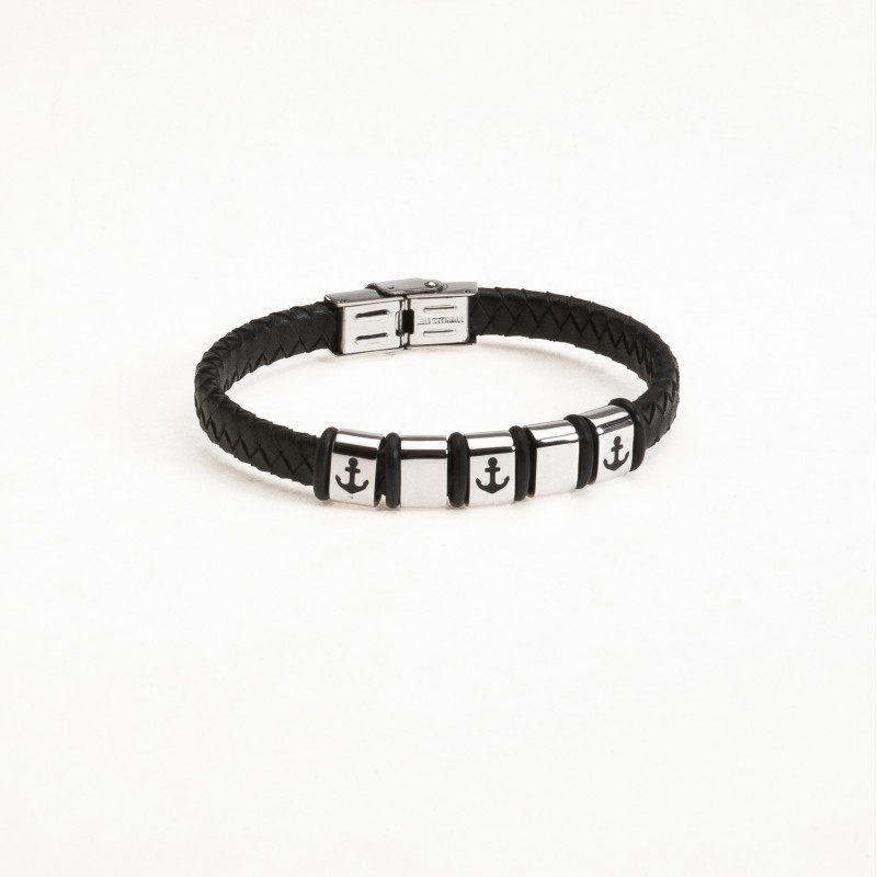 Pulsera piel negra caballero anclas