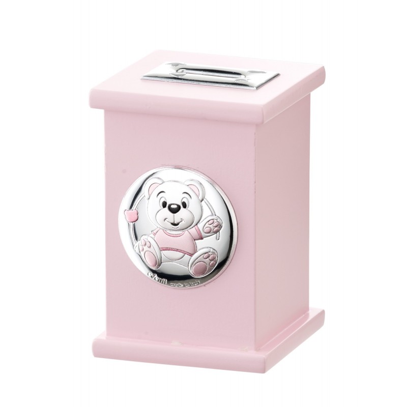 HUCHA MUSICAL OSO ROSA Personalizado en Plata Bilaminada Personalizado en Plata Bilaminada