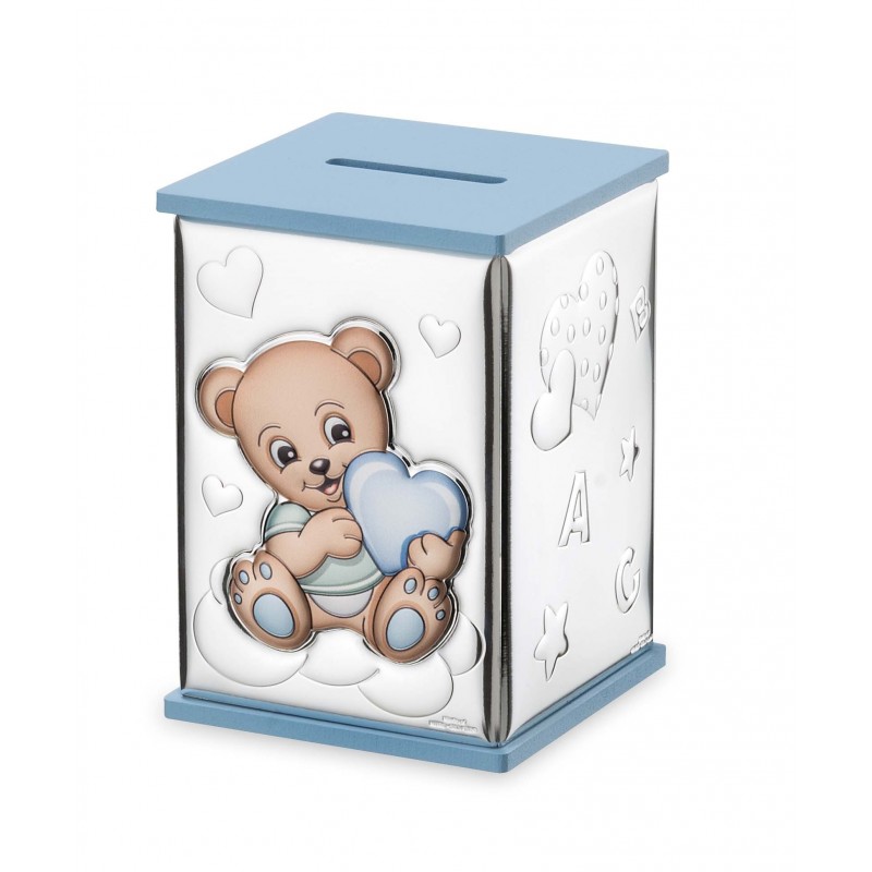 HUCHA OSO CORAZON ROSA 8X8X11.5 Personalizado en Plata Bilaminada