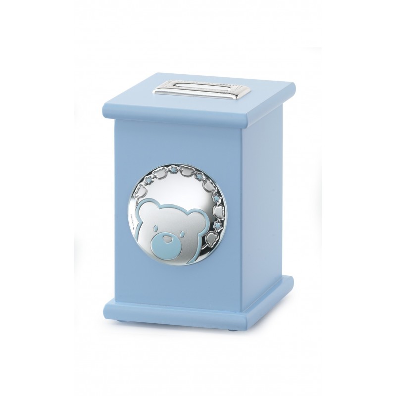 HUCHA CELESTE MUSICAL OSO Personalizado en Plata Bilaminada