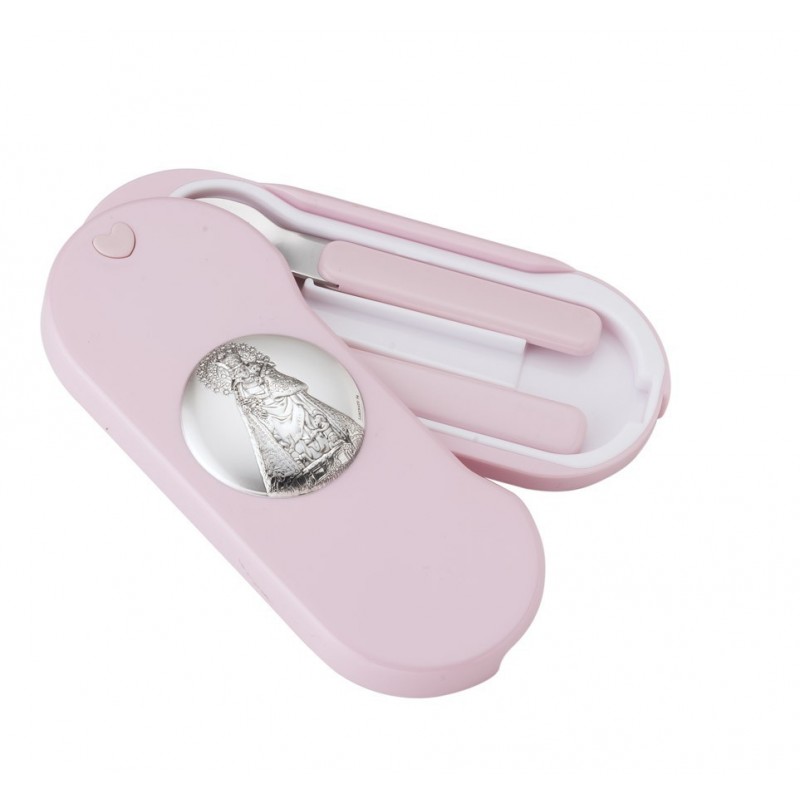 Set cubiertos virgen desamparados rosa Personalizados