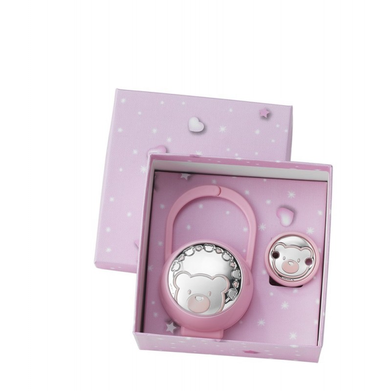 Pinza chupetero personalizado plata oso rosa