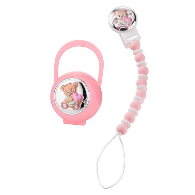 Set portachupetes  pinza oso corazon rosa