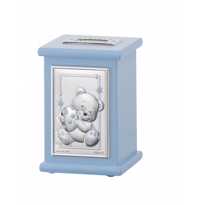 HUCHA MUSICAL OSO PELOTA CELESTE Personalizado en Plata Bilaminada Personalizado en Plata Bilaminada