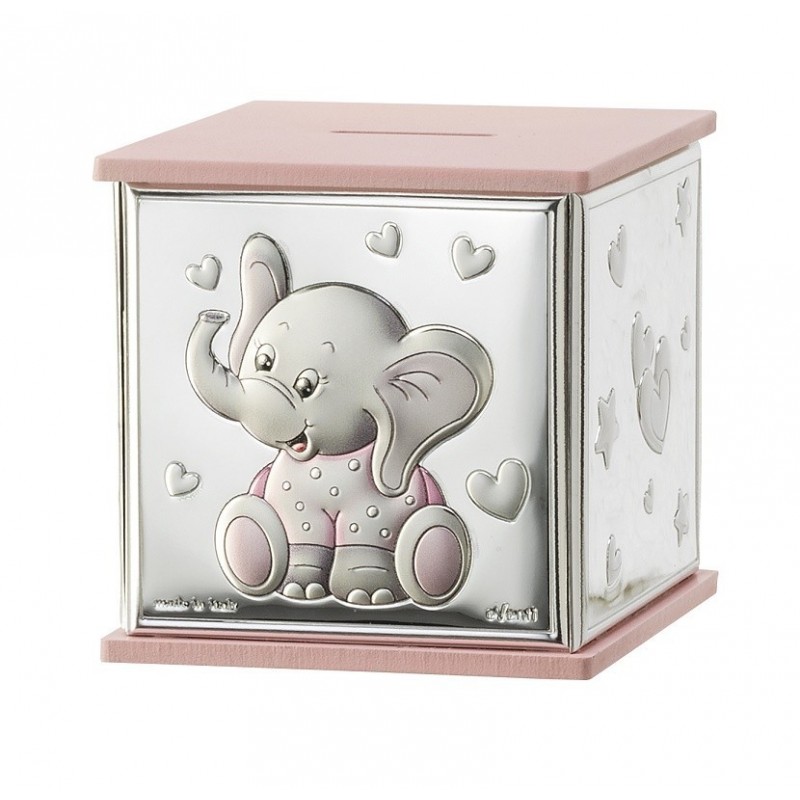 HUCHA CUBO ELEFANTE CELESTE Personalizado en Plata Bilaminada Personalizado en Plata Bilaminada