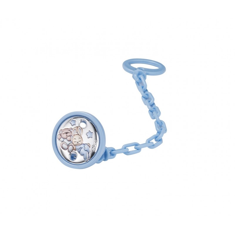 Pinza chupete oso conejo celeste con plata
