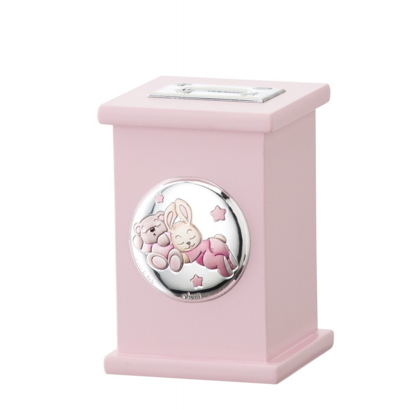 HUCHA MUSICAL OSO CONEJO CELESTE Personalizado en Plata Bilaminada Personalizado en Plata Bilaminada