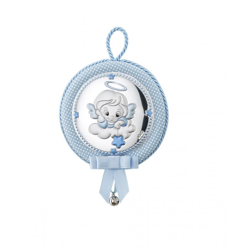 Medallon cuna carrito bebe musical angel estrella azul plata