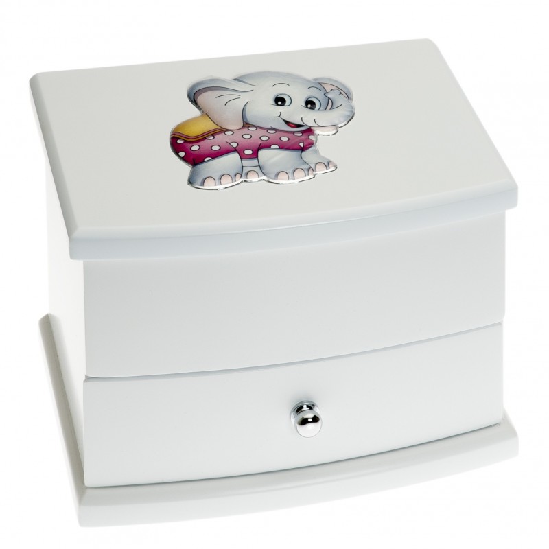 Joyero musical blanco 18x13x13 elefante adornos plata bilaminada