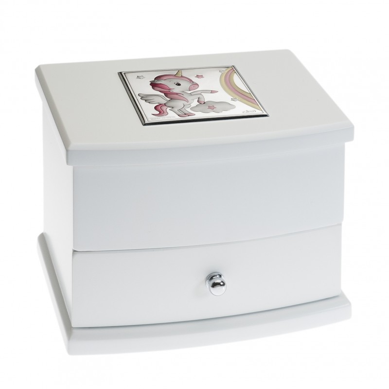 Joyero musical blanco cajon 18x13x13 unicornio adornos plata bilaminada