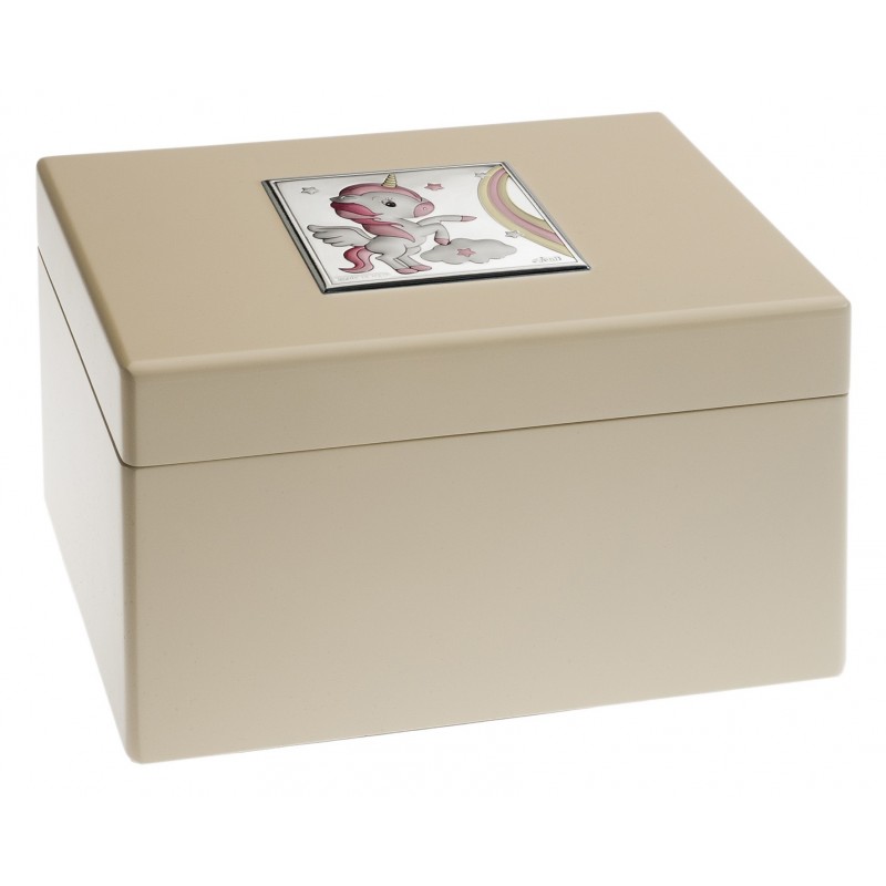 Joyero musical beige unicornio 21x15x12 adornos plata bilaminada