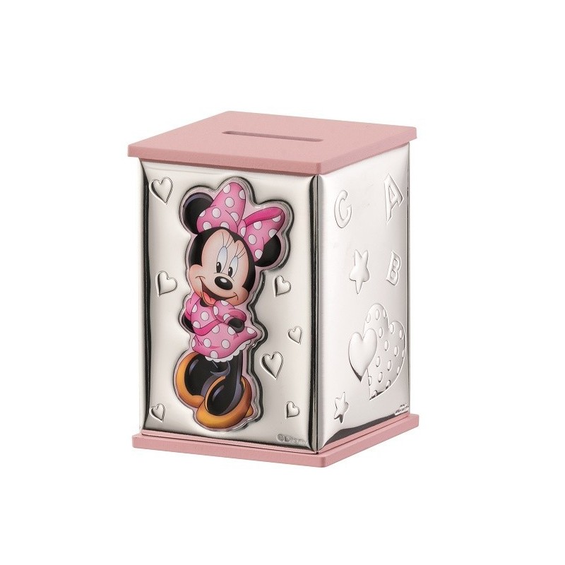 Hucha Minnie Mouse Rosa laminado plata 8x8x11cm Personalizado en Plata Bilaminada Personalizado en Plata Bilaminada