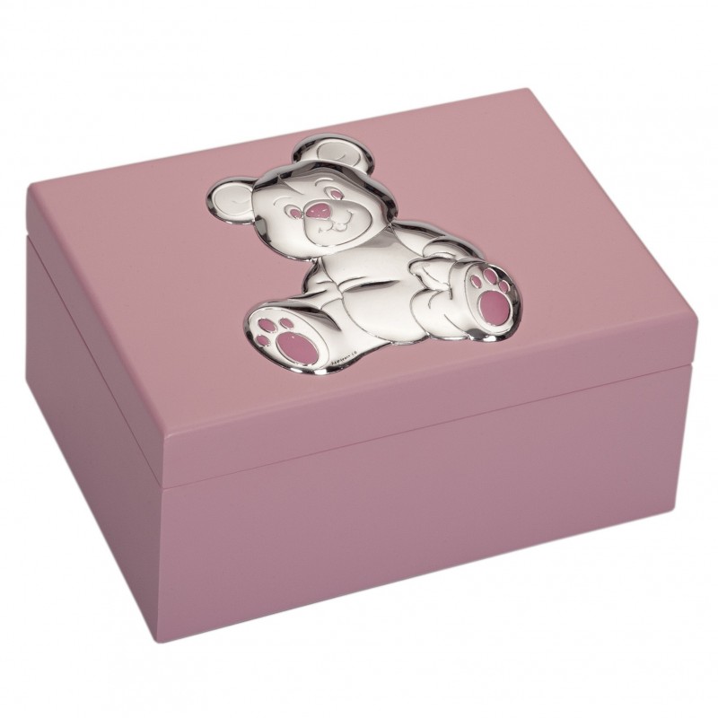 Joyero rosa musical 20x13x10 con oso adornos plata bilaminada