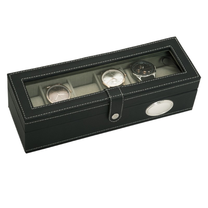 CAJA 6 RELOJES VENTANA NEGRO 30X11X9