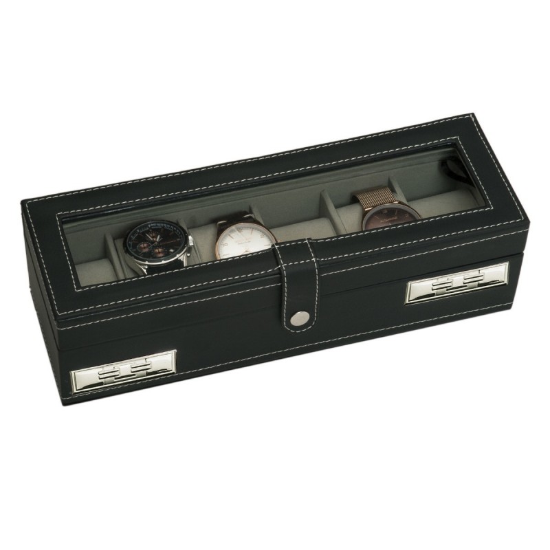 CAJA 6 RELOJES NEGRO VENTANA 30X11X9