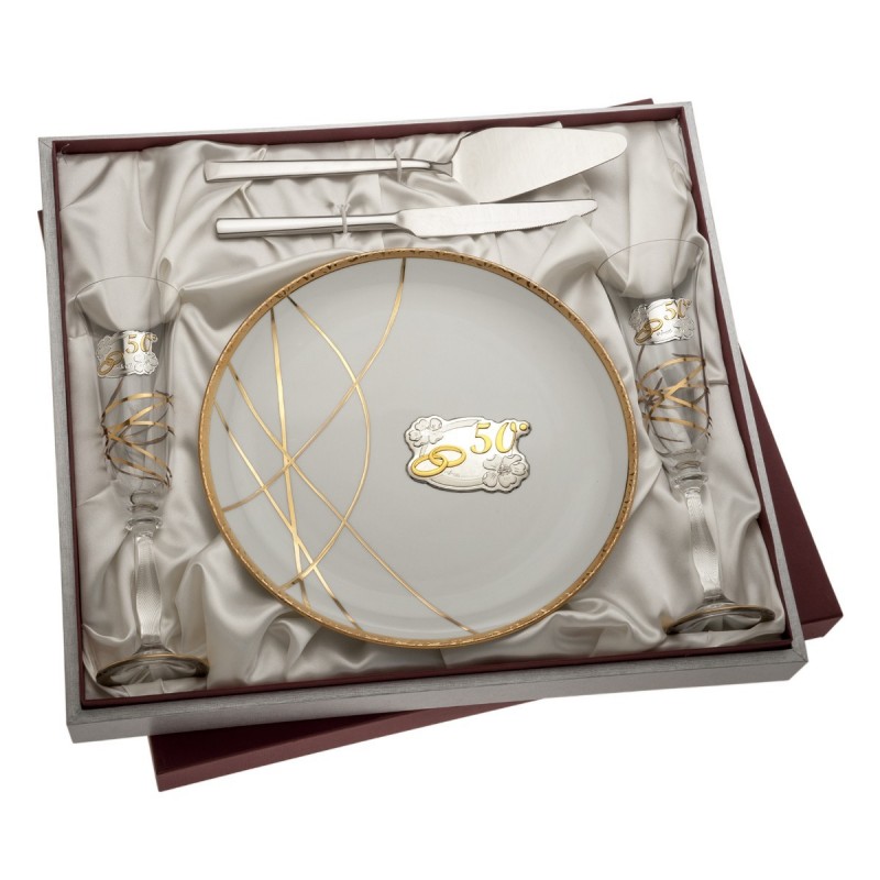 ESTUCHE COPAS PLATO CUBIERTOS 50 ANIV. PINTURA ORO