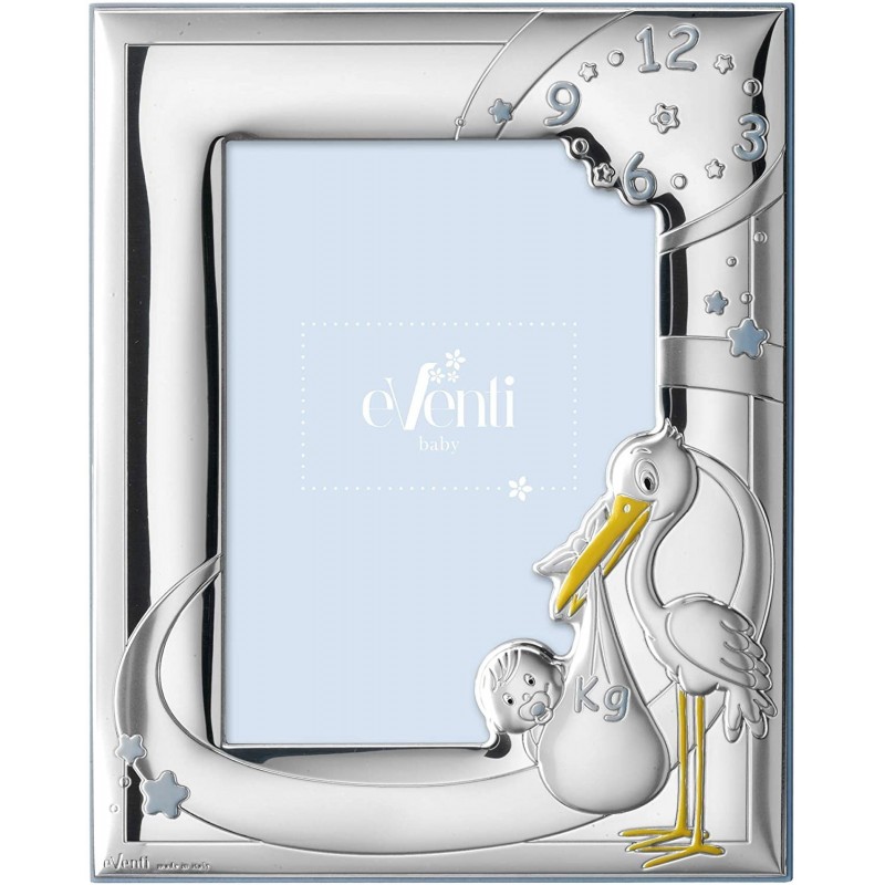 Marco fotos bautizo personalizado cigueña azul en plata bilaminada de ley 925  13x18 cms