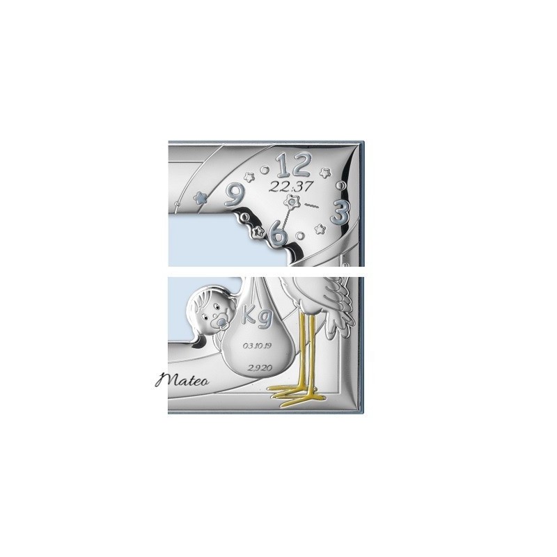 Marco fotos bautizo personalizado cigüeña azul en plata bilaminada de ley 925  10x15 cms