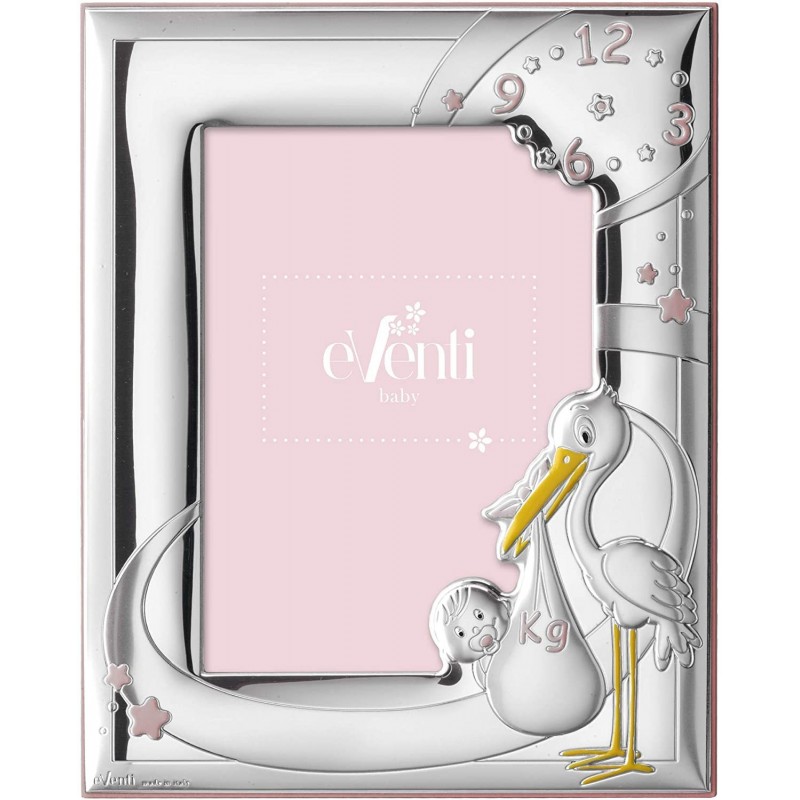 Marco fotos bautizo personalizado cigueña rosa en plata bilaminada de ley 925  13x18