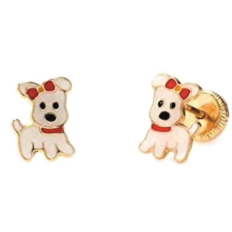 Pendientes para niña, perrita de oro de 18 quilates con esmaltes