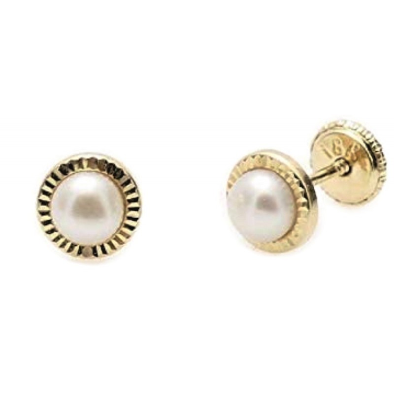 Pendientes de perla para niña, de oro con borde tallado