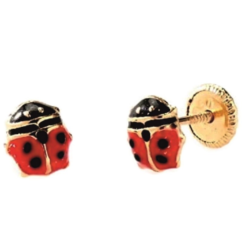 Pendientes para niña, mariquita de oro 18k con esmaltes. Tuerca