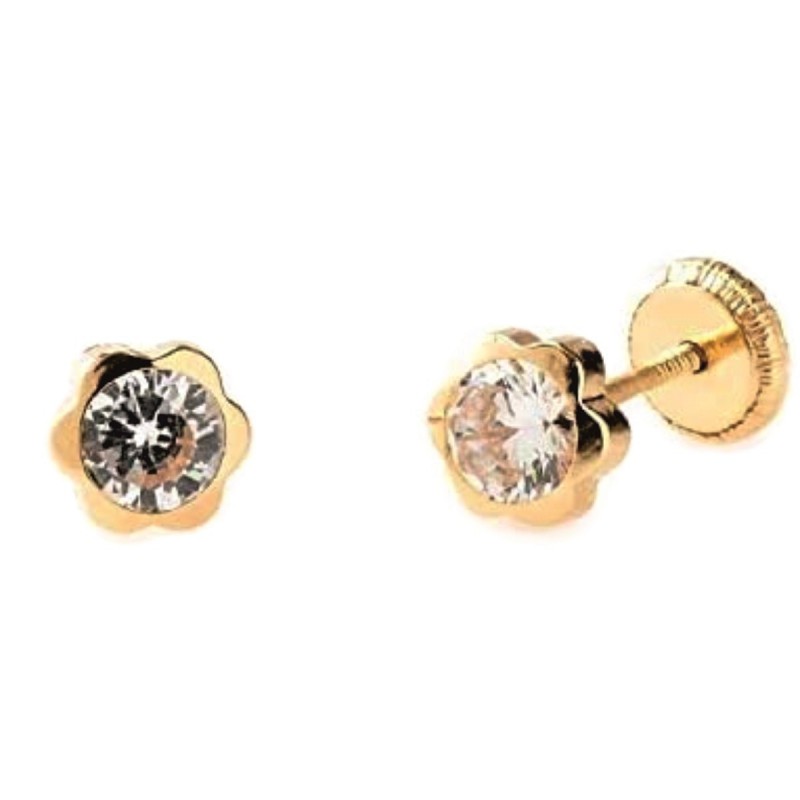 Pendientes para niña, flor de oro de 18 quilates con circonita.