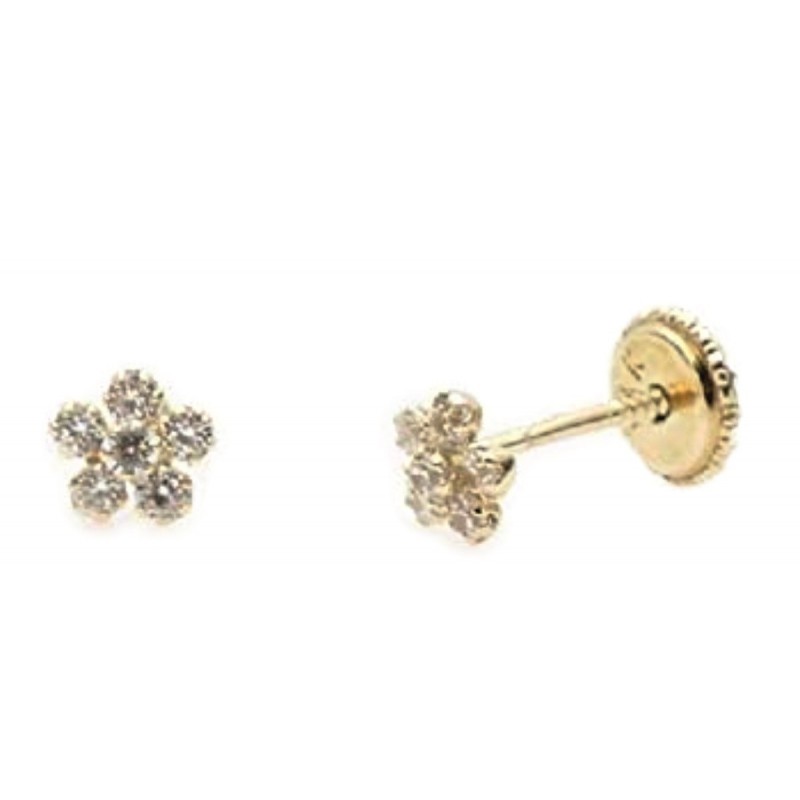 Pendientes pequeños en forma de flor de circonitas montadas en oro
