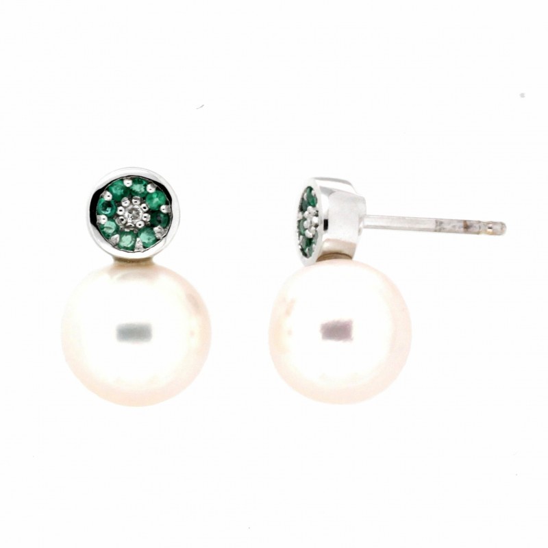 Pendientes diamantes esmeraldas perla oro blanco 18K [35-12281-E-P]