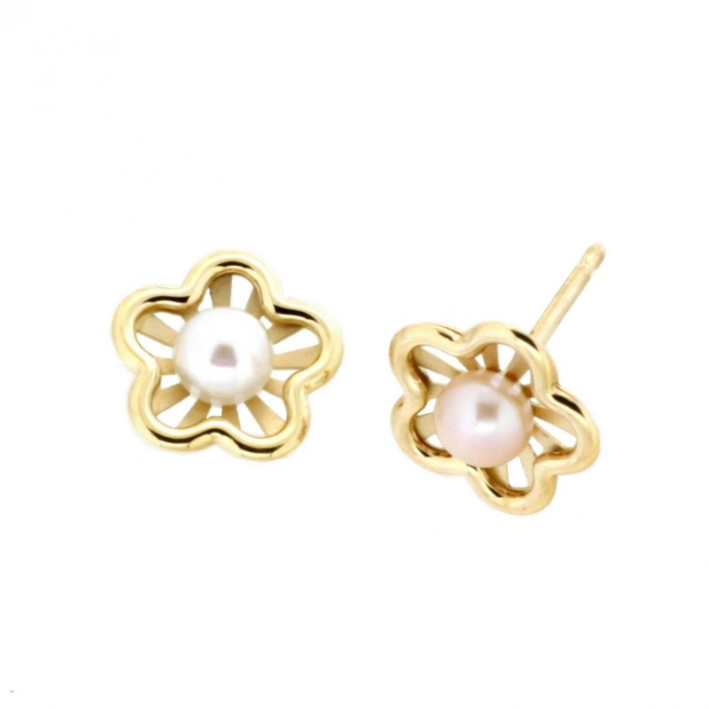 Pendientes perla flor oro amarillo 18K [35-6175-P]