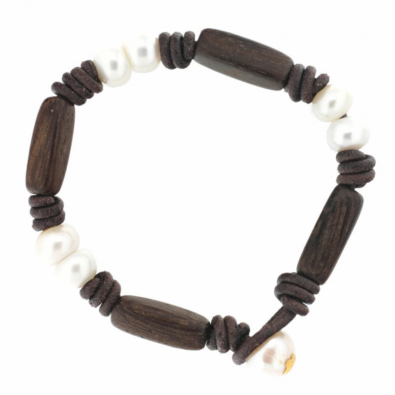 Pulsera oro perlas cuero marron oro 18k [60-k-3193-m]