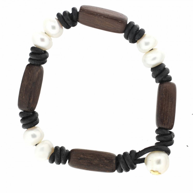 Pulsera oro perlas cuero negro oro 18k [60-k-3193-n]