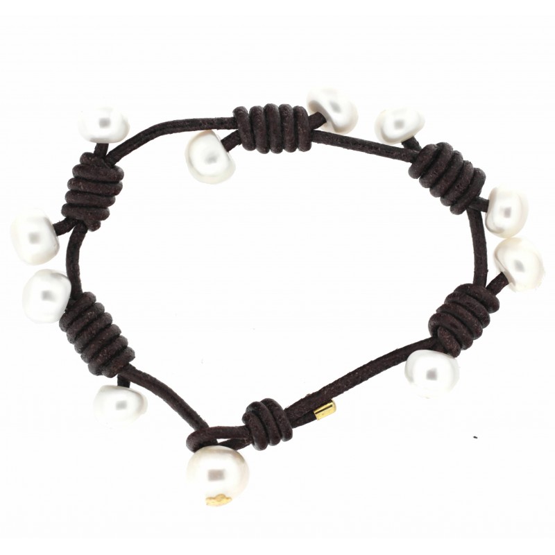 Pulsera oro perlas cuero marron oro 18k [60-k-3195-m]