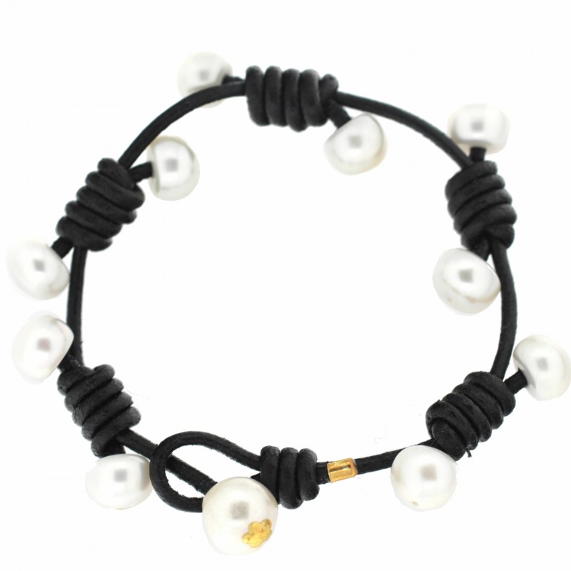 Pulsera oro perlas cuero negro oro 18k [60-k-3195-n]