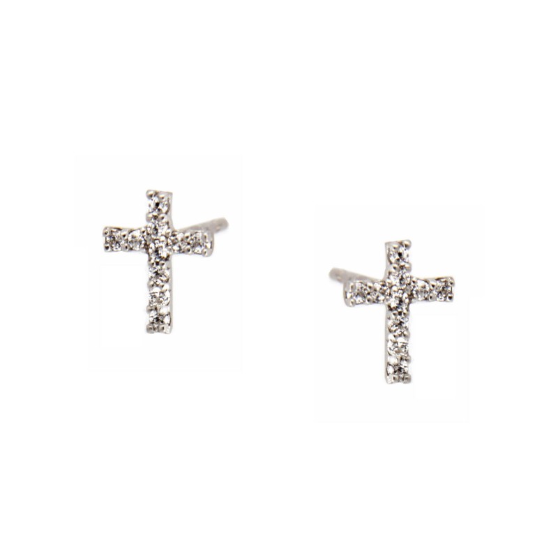 PENDIENTES CRUZ CIRCONITAS ORO BLANCO