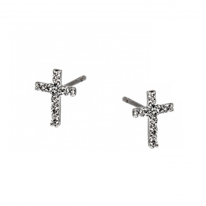 PENDIENTES CRUZ CIRCONITAS ORO BLANCO