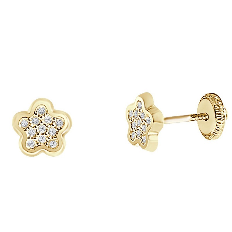 Pendiente oro niña chica con circonitas flor 6,5 mm