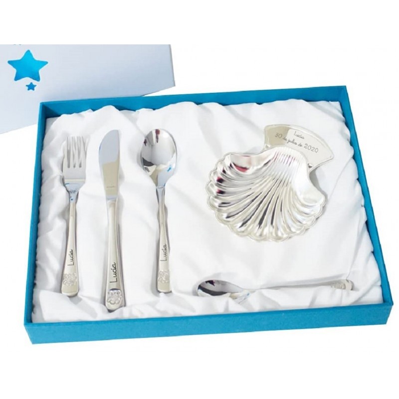 Concha bautizo personalizada y cubiertos grabados oso unisex grabados