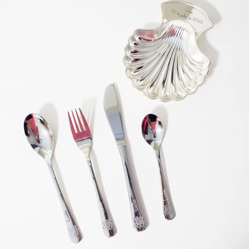 Concha bautizo personalizada y cubiertos grabados oso unisex grabados