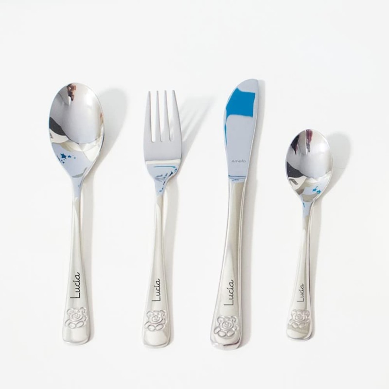 Concha bautizo personalizada y cubiertos grabados oso unisex grabados