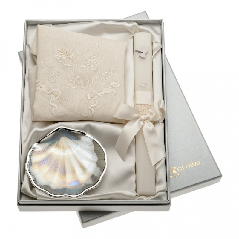 SET BAUTISMO VELA+PAÑO ESPAÑOL+CONCHA M.PERLA PLATEADA