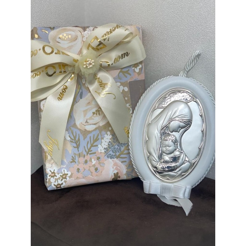 Medallon cuna musical virgen niño oval blanco