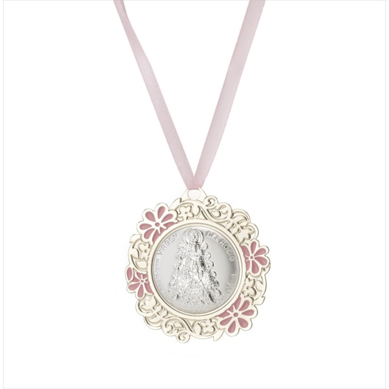 Medallon Virgen del Rocio 8 cms metal plateado color Rosa