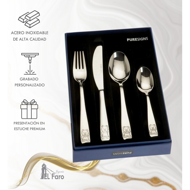 Set cubiertos personalizados para bebe oso grabado