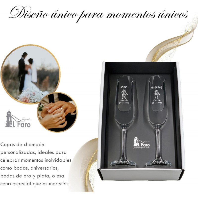 Copas champan personalizadas para novios - Regalo de Boda, Celebraciones, Bodas de Oro o Bodas de Plata