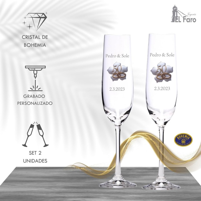 Copas personalizadas para bodas de oro en cristal Bohemia