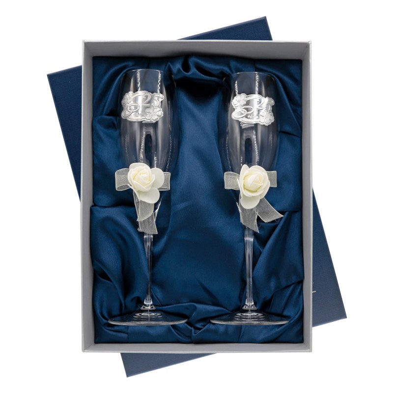 Copas 25 aniversario bodas de plata personalizadas con grabado en cristal lazo