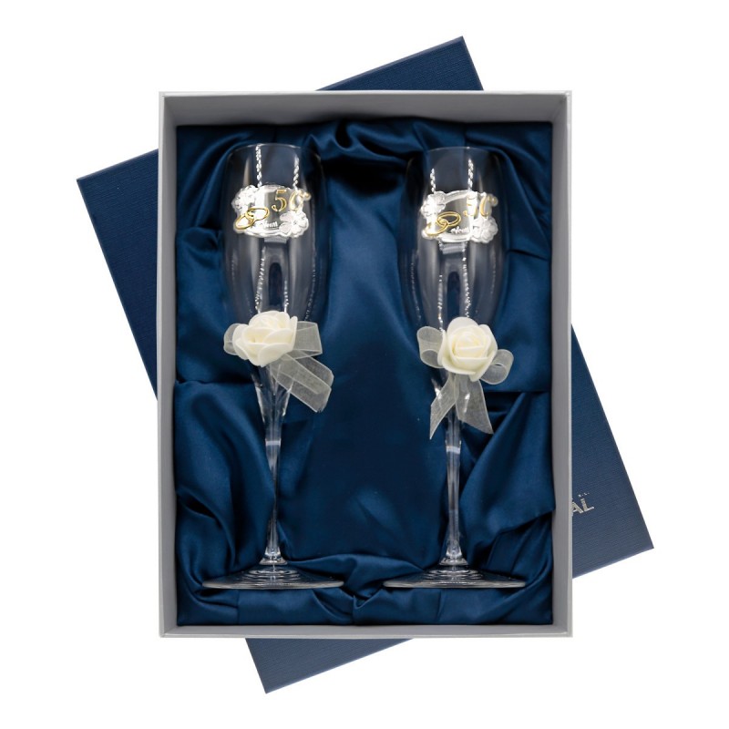 Copas 50 aniversario bodas de oro personalizadas con grabado en cristal lazo
