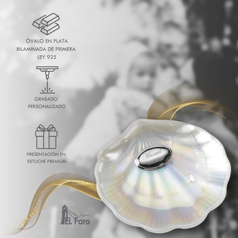 Concha para bautizo ovalo para grabar cristal nacarado