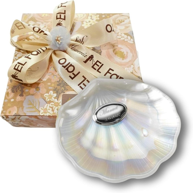 Concha para bautizo ovalo para grabar cristal nacarado